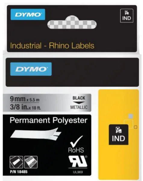 Merkintätarra Dymo Rhino polyesteriä MERKINTÄTEIPPI POLY 9MMX5.5 TXT MU/METALLI