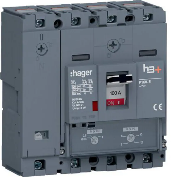 Kompaktikatkaisija Hager h3+ TM P160 4N 100A 70KA