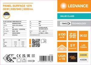 Pinta-asennusvalaisin Ledvance Panel Value - PINTA-ASENNUSVALAISIN LEDVANCE PL SF 1200 38W CCT MP DALI