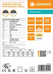 Pinta-asennusvalaisin Ledvance Surface Value - PINTA-ASENNUSVALAISIN LEDVANCE SF DISC 220 14W CCT ML IP54