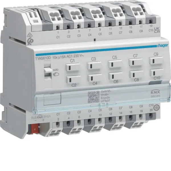 Lähtöyksikkö Hager KNX ETS TYAS610D 10X16A RLCV SEC. DIN