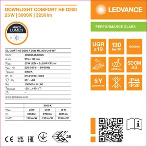 Alasvalo Ledvance Downlight Comfort - ALASVALO LEDVANCE DL HE D200 25W 830 ML UGR19