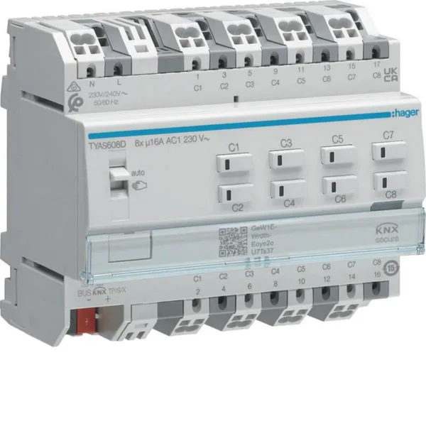 Lähtöyksikkö Hager KNX ETS TYA608D 8X16A RLCV SECURE DIN