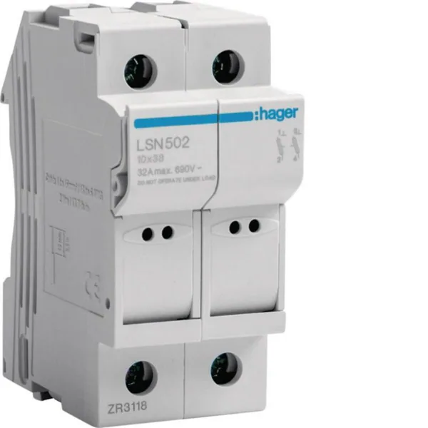 Putkisulakealusta Hager LSN502 2N 32A 10X38 2M