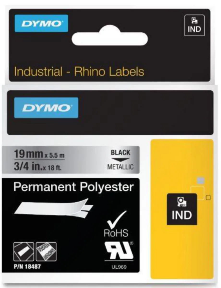 Merkintätarra Dymo Rhino polyesteriä - MERKINTÄTEIPPI DYMO RHINO POLY 19MMX5.5 TXT MU/METALLI