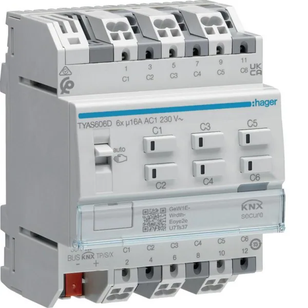 Lähtöyksikkö Hager KNX ETS TYAS606D 6X16A RLCV SECURE DIN
