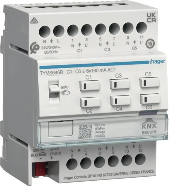 Lähtöyksikkö lämmitin Hager KNX ETS TYMS646R 6K SÄÄT. 24/230V SEC
