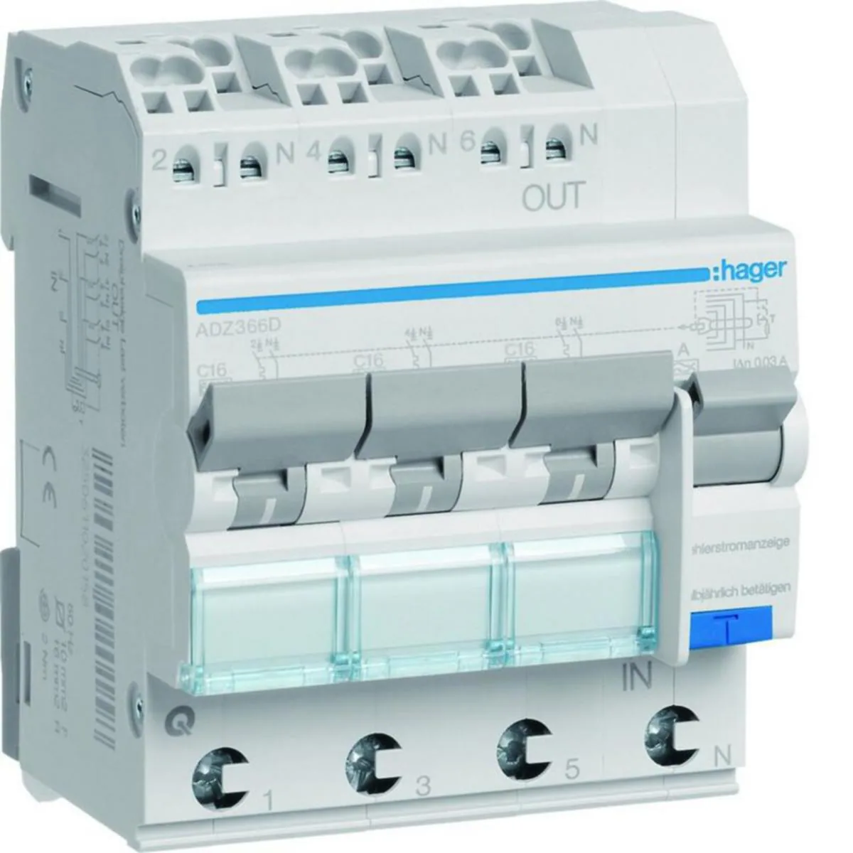 Vikavirtajohdonsuojakatkaisija Hager ADZ366D 30mA A/3XL+N C-16A 6kA