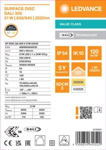 Pinta-asennusvalaisin Ledvance Surface Value - PINTA-ASENNUSVALAISIN LEDVANCE SF DISC 300 21W CCT DALI IP54