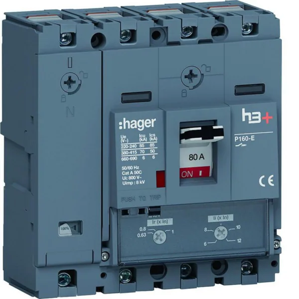 Kompaktikatkaisija Hager h3+ TM P160 4N 80A 70KA