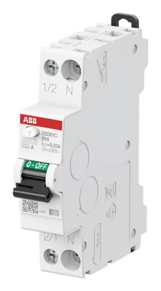 Vikavirtajohdonsuojakatkaisija ABB DS301C 2-napainen B-käyrä 30mA, 2-NAPAINEN B-KÄYRÄ 16A 30MA 1M