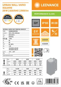 Seinävalaisin ulko Ledvance Urban Wall - SEINÄVALAISIN ULKO URBAN WALL UB VARIO SQ 29W 830/840 ML GY