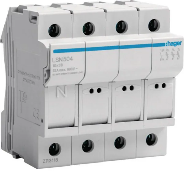 Putkisulakealusta Hager LSN504 3L+N 32A 10X38 4M
