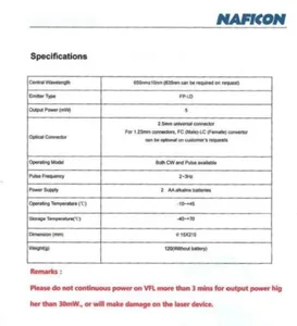 Näkyvän valon laser Naficon - TYÖKALU-KUITU NAFICON NÄKYVÄN VALON LASER 5MW