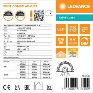 Alasvalo Ledvance Spot - ALASVALO LEDVANCE SP CBO ADJ IP65 6W CCT WT DIM
