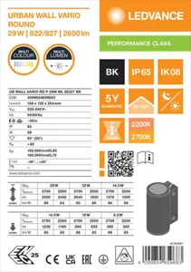 Seinävalaisin ulko Ledvance Urban Wall - SEINÄVALAISIN ULKO URBAN WALL UB VARIO RD 29W 822/827 ML BK