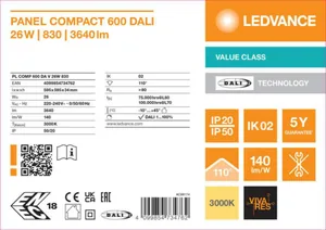 Moduulivalaisin Ledvance Panel Value - MODUULIVALAISIN PANEL VALUE PL COMP 600 26W 830 OP DALI