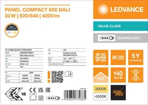 Moduulivalaisin Ledvance Panel Value - MODUULIVALAISIN PANEL VALUE PL COMP 600 30W 830840 OP DALI
