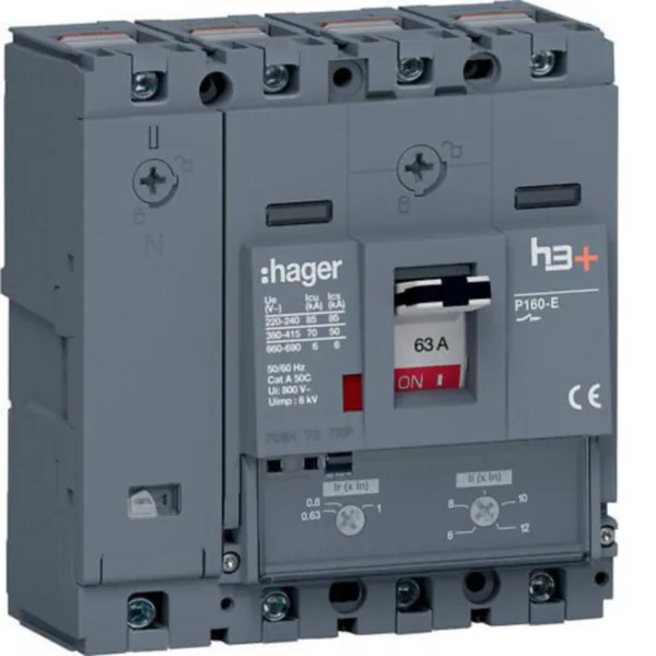 Kompaktikatkaisija Hager h3+ TM P160 4N 63A 70KA