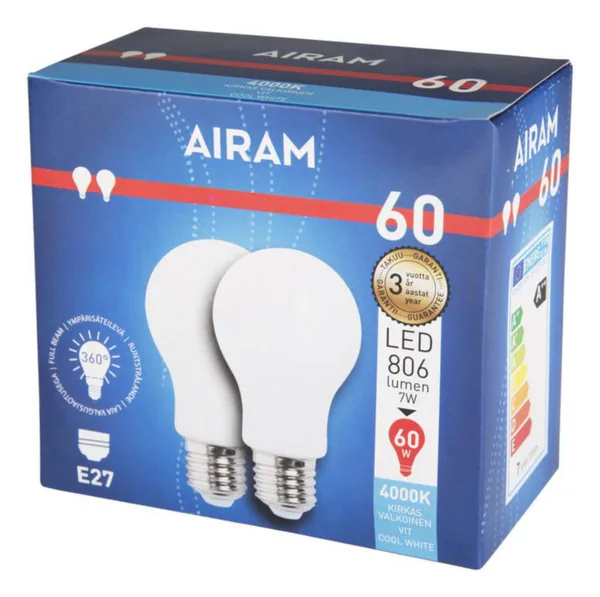 Vakiolamppu Airam Led Kampanja FG A60 840 806lm E27 OP 2BX