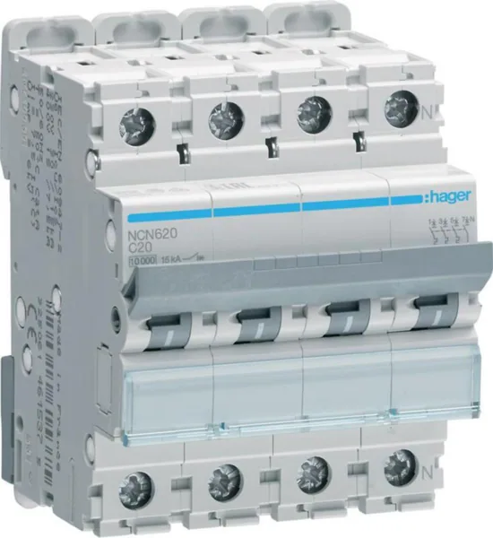 Johdonsuojakatkaisija Hager NCN620 3L+N C-20A 10KA 4M