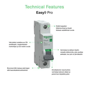 Johdonsuojakatkaisija Schneider Electric Easy9 B-käyrä 1-nap 6kA - JOHDONSUOJAKATKAISIJA EASY9 MCB 1B6 6KA