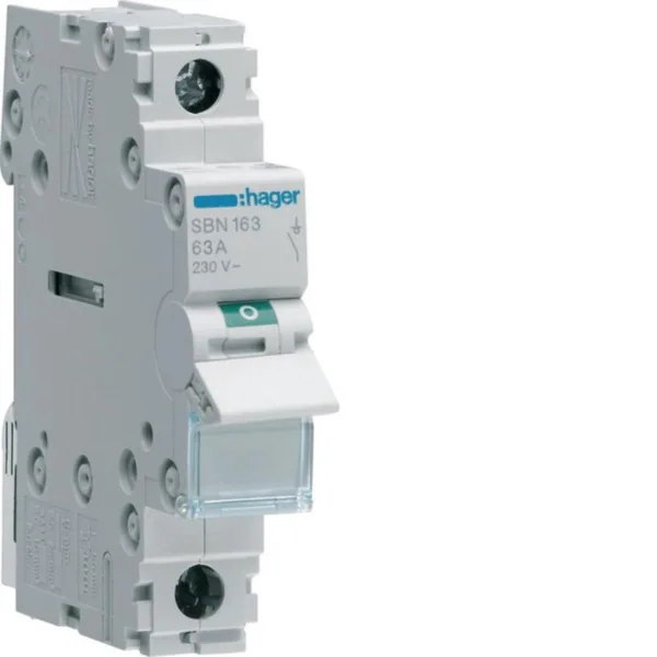 Modulaariset kuormankytkin Hager 1-napainen, SBN163 0-1 1N 63A 230VAC DIN