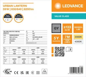 Pylväsvalaisin Ledvance Urban Lantern Value - PYLVÄSVALAISIN LEDVANCE UB LTRN 59W CCT ML SYM GY 7M