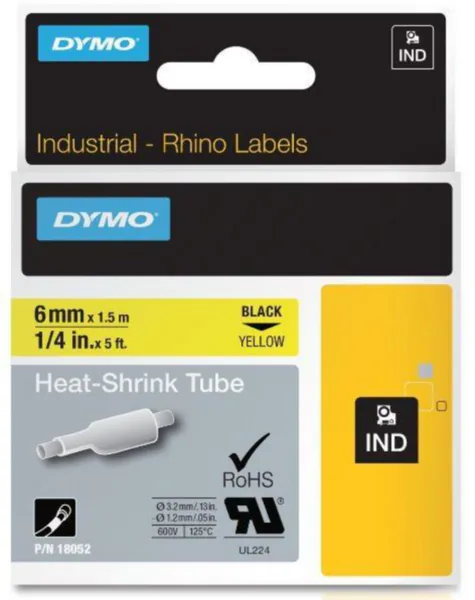 Merkintäkutisteletku Dymo Rhino MERKINTÄKUTISTELET 6mm MU TXT KELTAISELLA