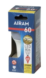 Vakiolamppu Airam Led A60 pahvipakkaus - VAKIOLAMPPU AIRAM LED A60 827 806lm E27 DIM OP