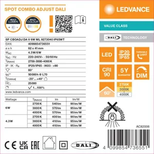 Alasvalo Ledvance Spot - ALASVALO LEDVANCE SP CBO ADJ IP65 6W CCT WT DALI
