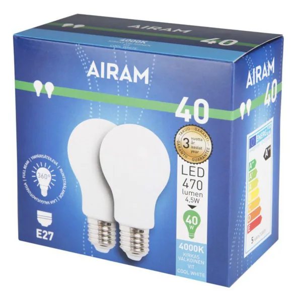 Vakiolamppu Airam Led Kampanja FG A60 840 470lm E27 OP 2BX