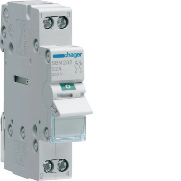 Modulaariset kuormankytkin Hager 2-napainen SBN232 0-1 2N 32A 230VAC DIN