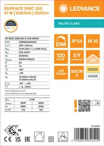Pinta-asennusvalaisin Ledvance Surface Value - PINTA-ASENNUSVALAISIN LEDVANCE SF DISC 300 21W CCT DIM IP54
