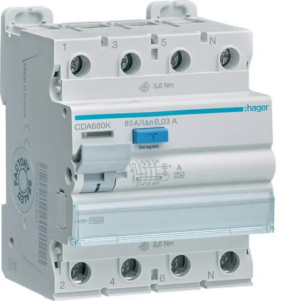 Vikavirtasuojakytkin Hager 4-napainen CDA680K 30MA A/4X80A 10KA