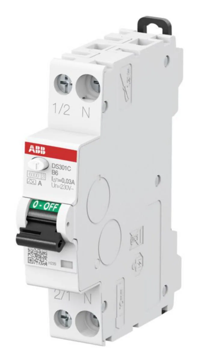 Vikavirtajohdonsuojakatkaisija ABB DS301C 2-napainen B-käyrä 30mA - VIKAVIRTAJOHDONSUOJAKAT.DS301C 2-NAPAINEN B-KÄYRÄ 6A 30MA 1MO