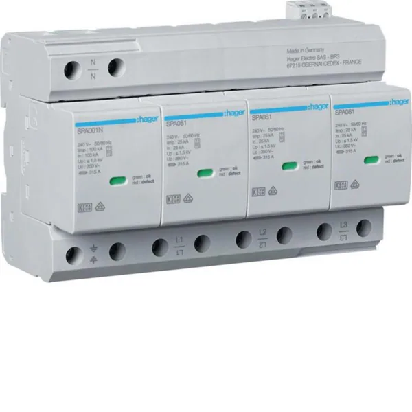 Ylijännitesuoja kiinteistö Hager SPA801 4N T1+T2 1.5KV 100KA HL