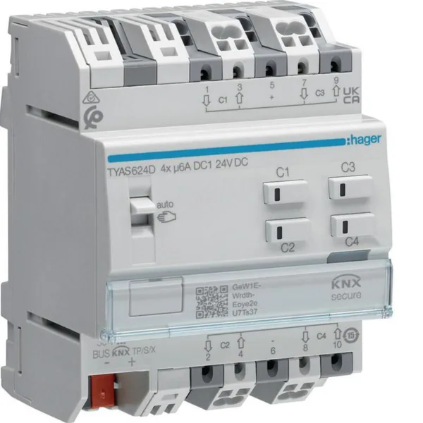 Lähtöyksikkö Hager KNX ETS TYA624D 4X6A 24VDC VS SEC DIN