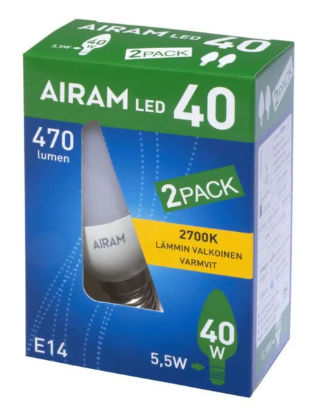 Kynttilälamppu Airam Led C35 827 470lm E14 OP 2BX