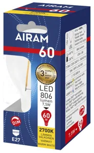 Vakiolamppu Airam Led A60 kirkas pahvipakkaus - VAKIOLAMPPU AIRAM LED A60 827 806lm E27 FIL DIM