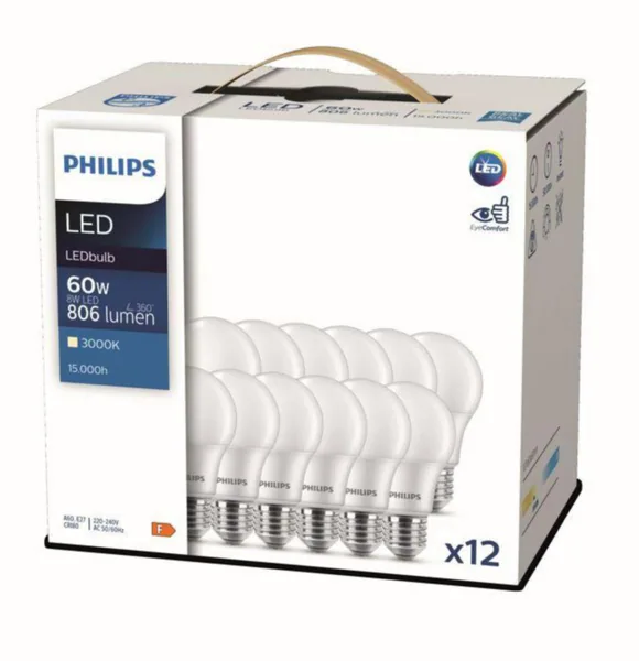 Vakiolamppu Philips 12 kpl pakkaus E27 830 806LM 60=8W A60 12PCS