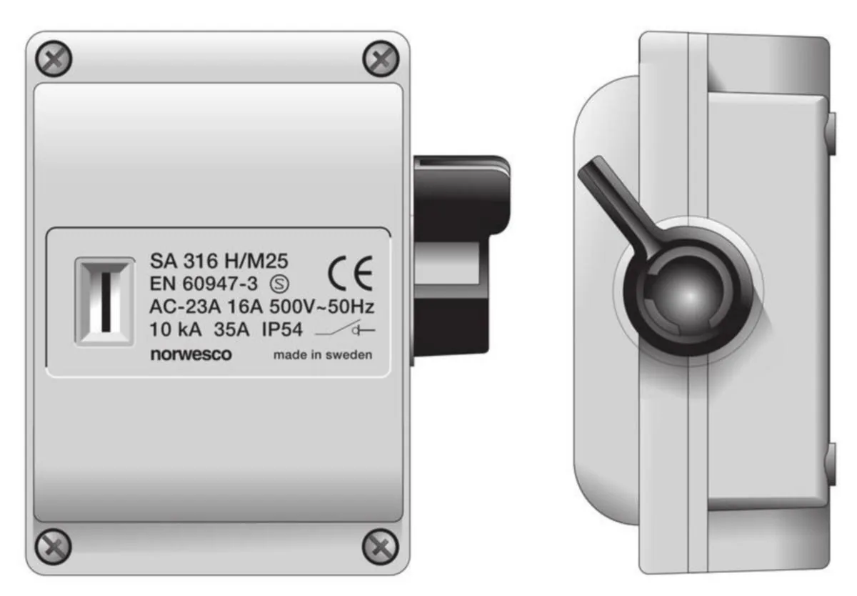 Turvakytkin vipu Norwesco 16A/M25 SA316H/M25 3x16A+AP 7.5kW IP54