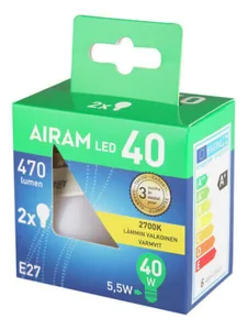 Pienkupulamppu Airam Led OP45 pahvipakkaus - PIENKUPULAMPPU AIRAM LED P45 827 470lm E27 OP 2BX