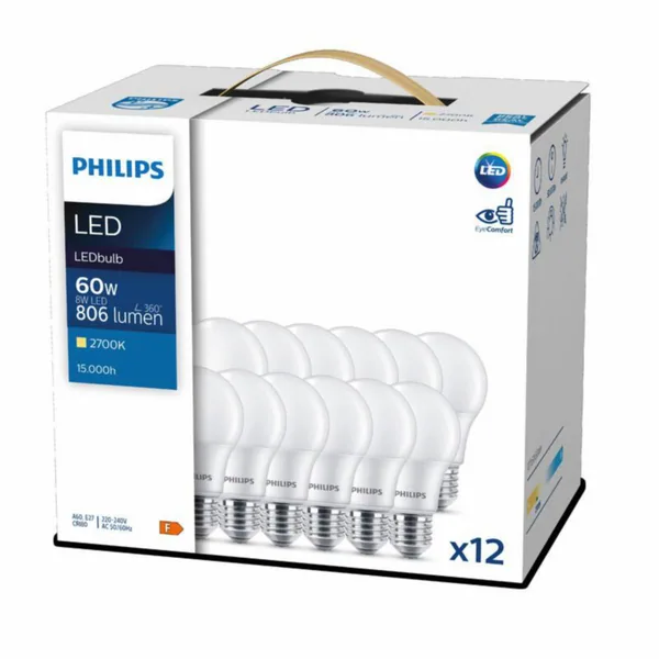 Vakiolamppu Philips 12 kpl pakkaus E27 827 806LM 60=8W A60 12PCS
