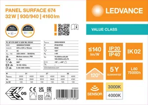 Pinta-asennusvalaisin Ledvance Panel Value - TUNNISTINVALAISIN LEDVANCE PL SF 600 32W CCT ML OP PIR