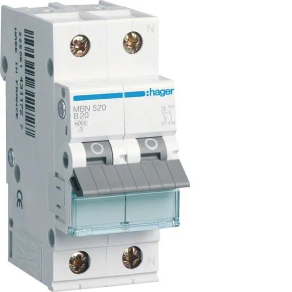 Johdonsuojakatkaisija Hager MBN B-käyrä 1L+N MBN520 1+N 20A 6kA