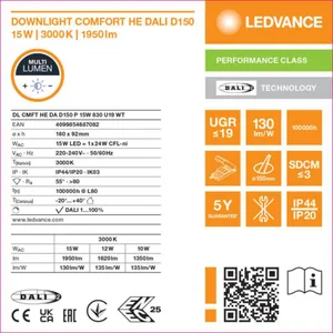 Alasvalo Ledvance Downlight Comfort - ALASVALO LEDVANCE DL HE D150 15W 830 UGR19 DALI