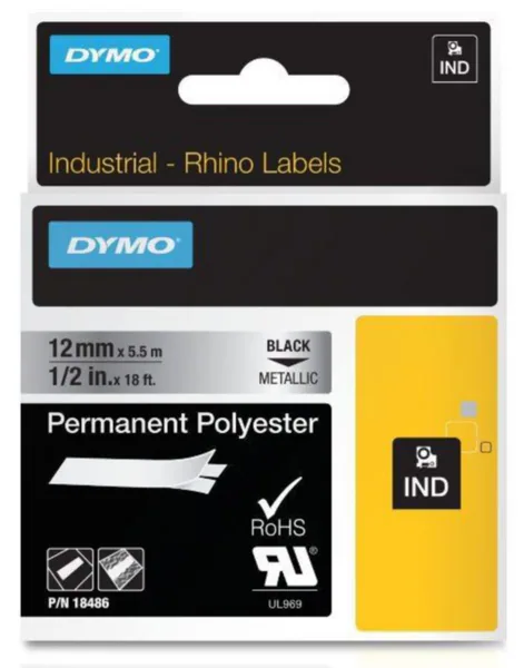 Merkintätarra Dymo Rhino polyesteriä MERKINTÄTEIPPI POLY 12MMX5.5 TXT MU/METALLI