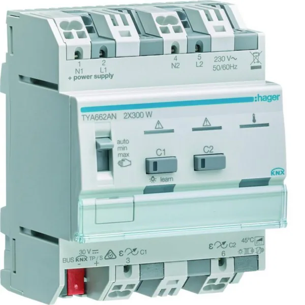 Valonsäädin KNX Hager KNX ETS TYA662AN 2X300W RLCPD DIN
