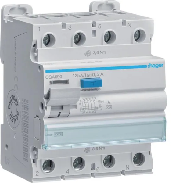 Vikavirtasuojakytkin Hager 4-napainen CGA690 500MA A-S/4X125A 10KA